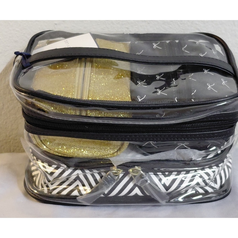 Dabney Lee Travel Cosmetic Makeup Organizer Bag Set Gold Glitter Black White NWT